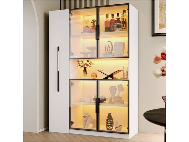 Vitrine Haute avec LED Multicolore et Étagères Coulissantes - LPOSPI - Anti-Basculement MDF Blanc 110 × 35 × 160 cm