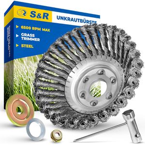 S&R Drahtbürste 135.150.101, Unkrautbürste Ø 150mm, für Freischneider, 25,4mm, mit gezopften Borsten aus Stahl
