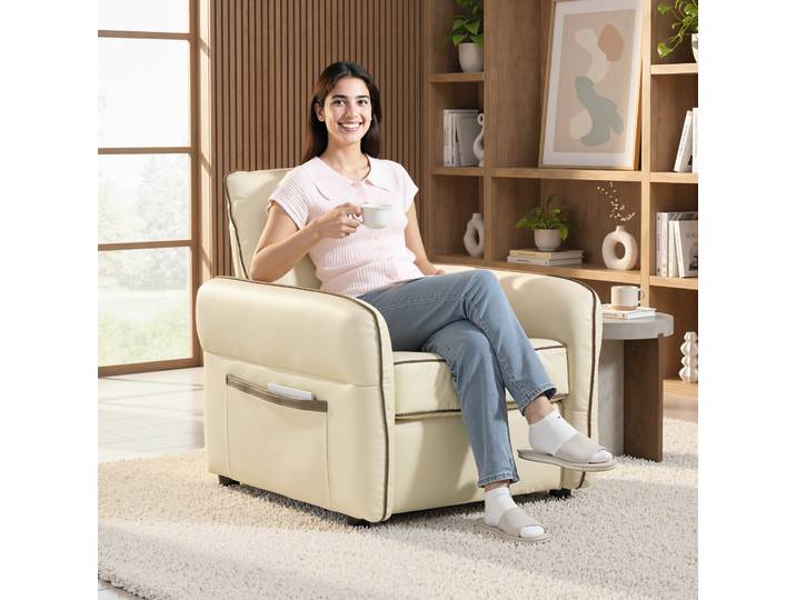 HOMCOM Fauteuil Moderne Similicuir Beige avec Poche Latérale