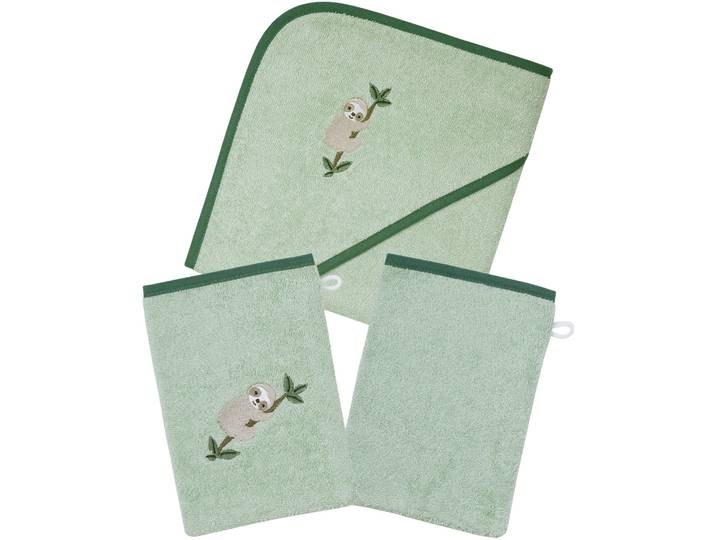 Handtuch Set WÖRNER Faultier helloliv Kapuzenbadetuch mit 2 Waschhandschuhen , grün (helloliv), 3 Stk., Faultier, Frottier, Frottier, Obermaterial: 100% Baumwolle, Handtücher, Handtuch Set, mit süsser Stickerei Faultier