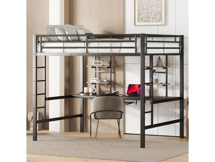 Lit mezzanine - LEYTN - 140x200cm - Métal - Bureau et étagères - Balustrade de sécurité