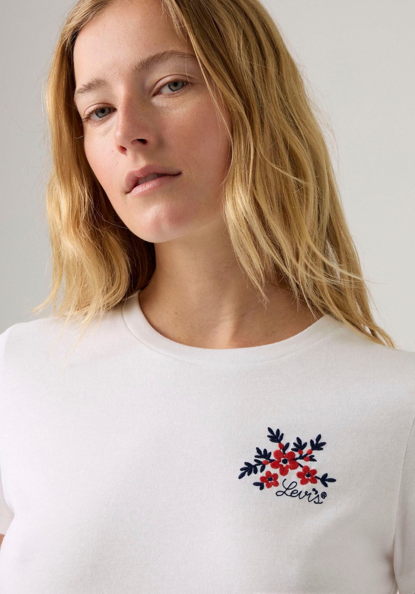 T-Shirt LEVI'S "THE PERFECT TEE", Damen, Gr. XS (34), weiss (vicky floral weiß), Single Jersey, Obermaterial: 100% Baumwolle, normal, Rundhals, abgesteppt, Shirts T-Shirt, mit Batwing-Logoprint vicky floral weiß XS (34)