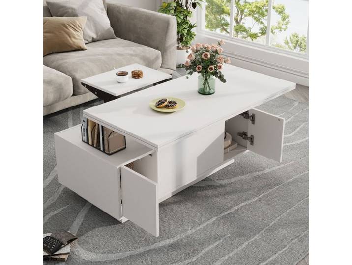 Table basse - WESTYLE - 100x50x43 cm - Plateau relevable double - Rangement 2 portes - Design contemporain blanc