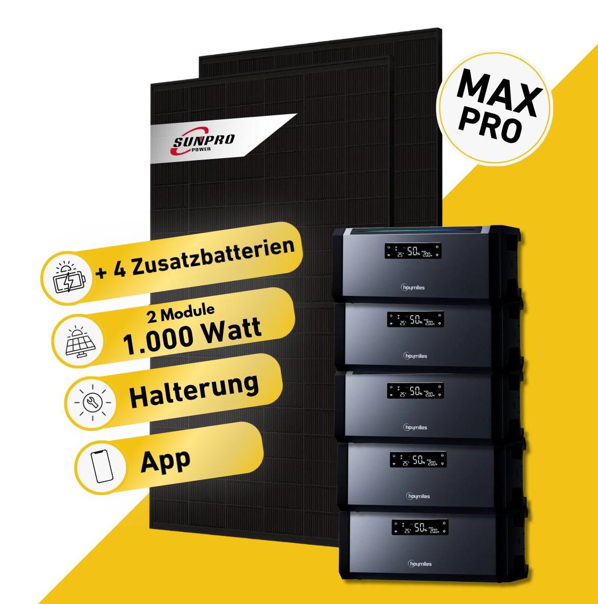 Balkonstrom Balkonkraftwerk 1000W Solaranlage mit Speicher | 4xZusatzspeicher | Bitumendachhalterung | 2xSolarmodul | Hoymiles AC1920