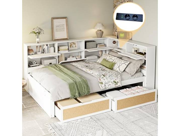 Ball & Cast Schlafsofa (140 * 200cm) Doppelbett mit Vielen Ablagefächern und Schublade, mit USB-Anschlüssen Multifunktionales Schlafsofa aus Massivholz, Weiß