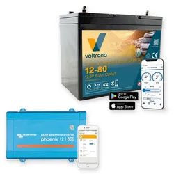 Voltrana Autarkie-Set 12,8V 80Ah Lithium LiFePO4 Batterie mit Victron Phoenix 12/800 Wechselrichter