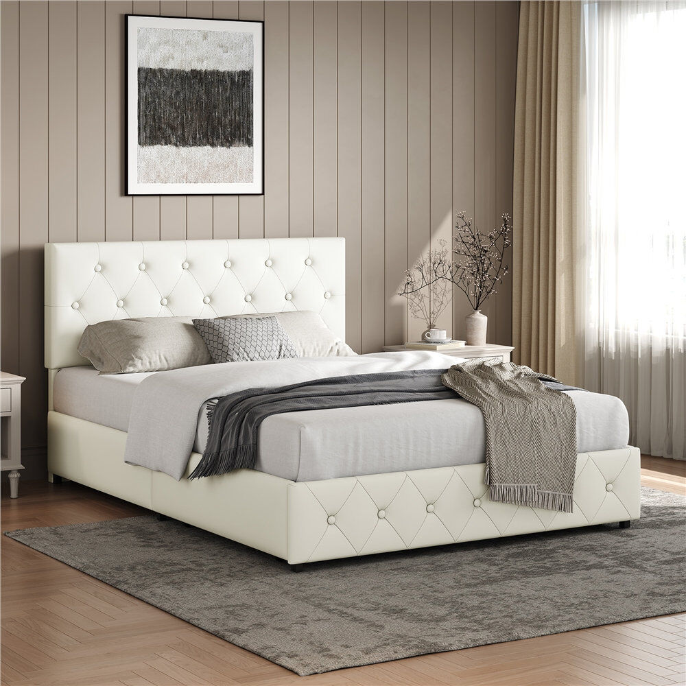 Yaheetech Upholstered Bed Frame with Drawer Storage Cream Double (4'6)
