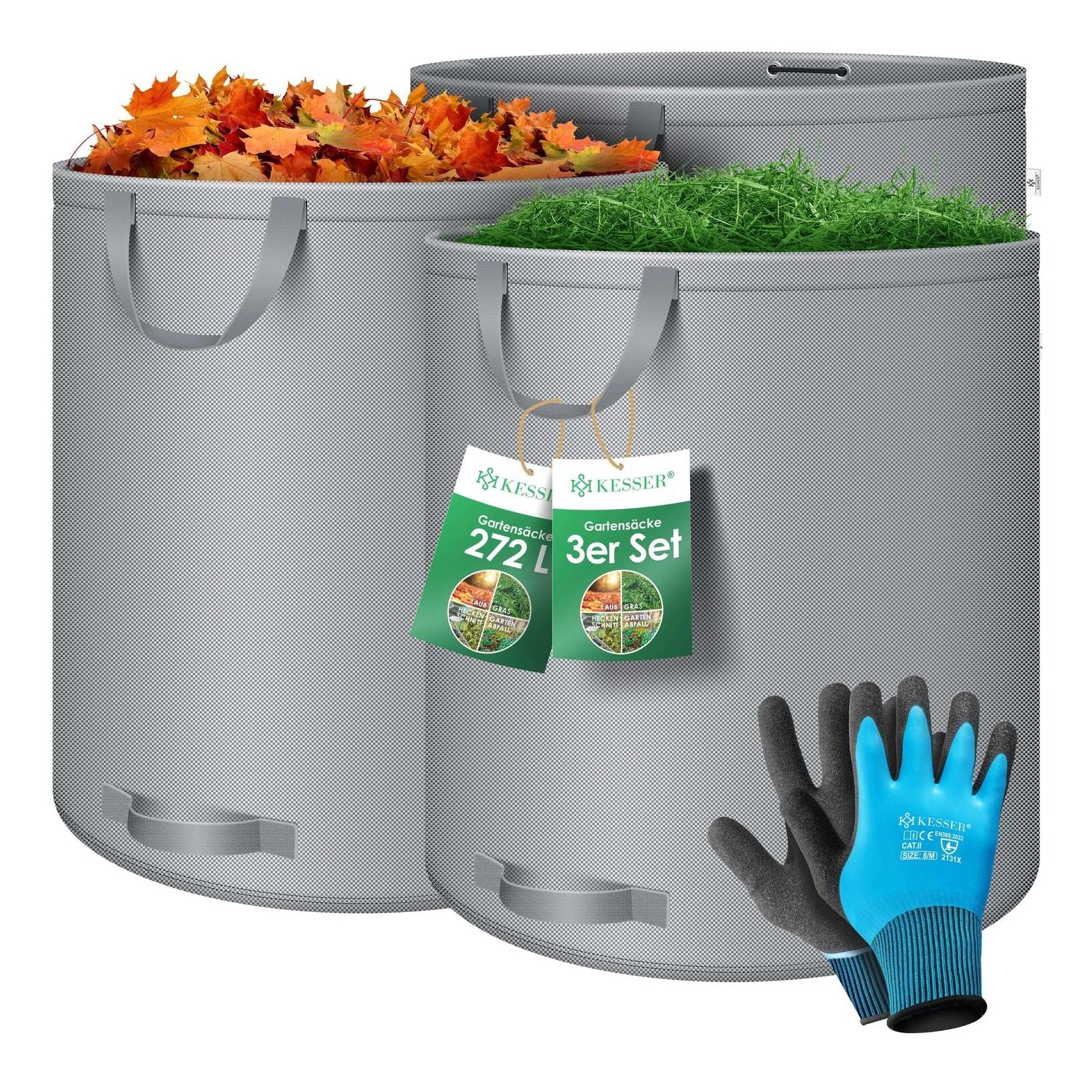 KESSER® Gartensack Set Laubsack Gartenabfallsack inkl. Handschuhe - Selbststehend 4 Griffe Stabil Robust & Faltbar - Laubsäcke Rasenschnitt Gartensäcke für Gartenabfälle Grünschnitt