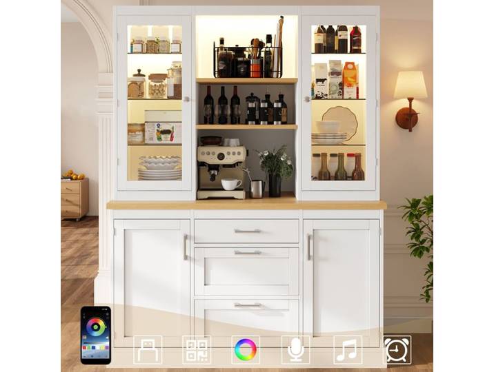 Armoire cuisine LED app 185x140x40cm 3 tiroirs plan travail étagères réglables Blanc