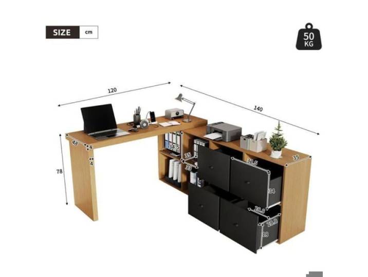 Bureau Pliable mobile 260x48x78cm table d'angle plateau tournant 360° 4 tiroirs pose flexible