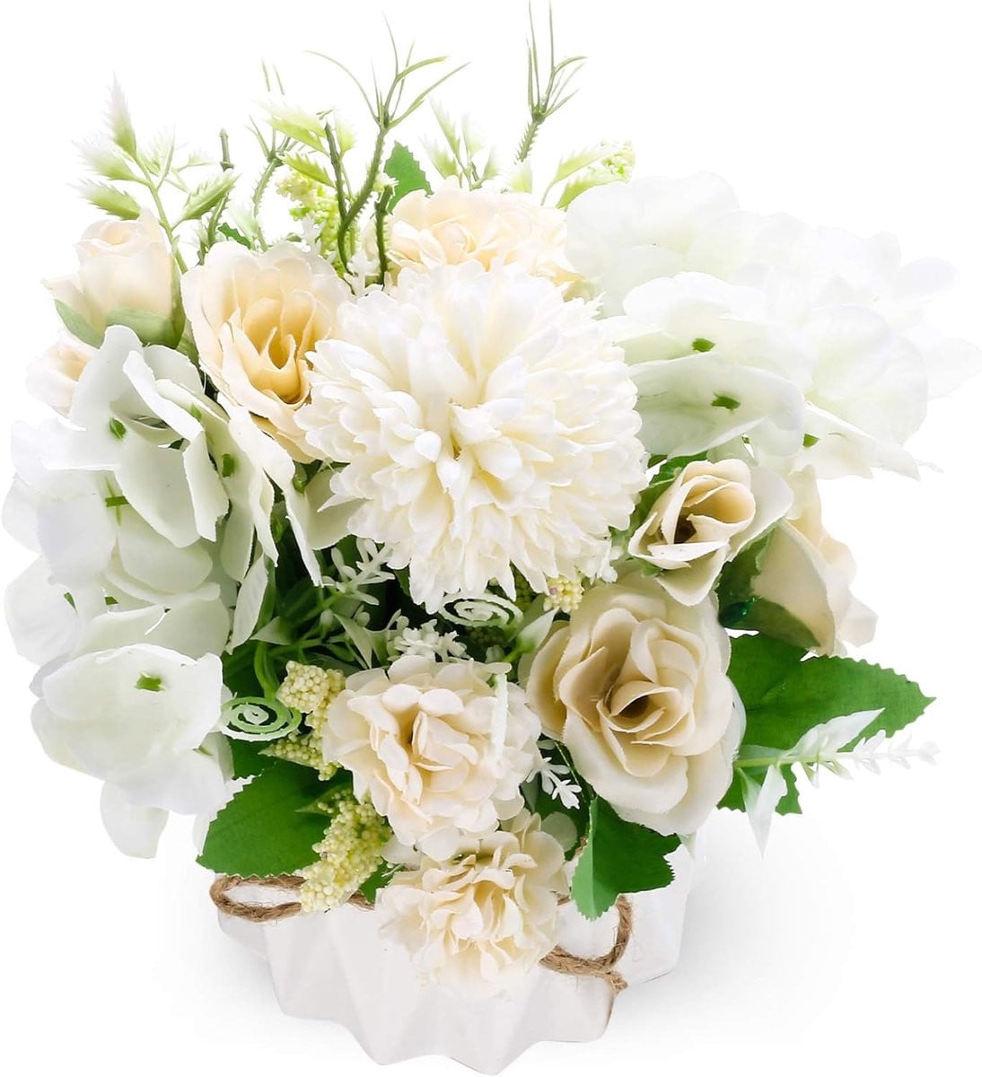 Witte zijden hortensia-rozen kunstbloemen met vaas