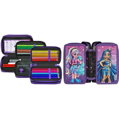 Federmäppchen SCOOLI "Tripledecker, Monster High", Kinder, lila (monster high), Polyester, Schreibgeräteetuis Federmäppchen, befüllt, inklusive Geodreieck