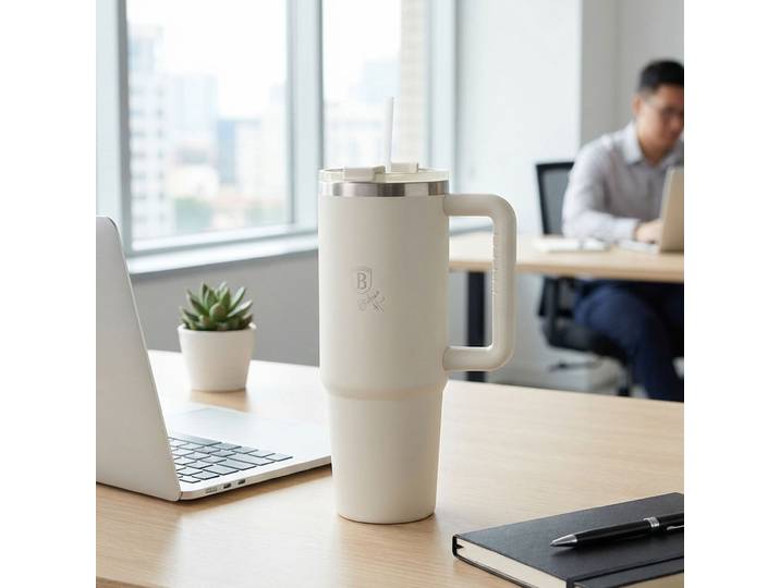 Isolierbecher 1 Liter mit 30 cm Strohhalm, Edelstahl, mattcreme