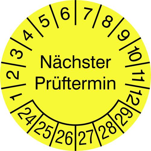 SafetyMarking 30.3725.24-29 Prüfplakette Nächster Prüftermin 2024-2029 Gelb-Schwarz Folie selbstklebend (Ø) 1.5cm 1.5cm 40St.