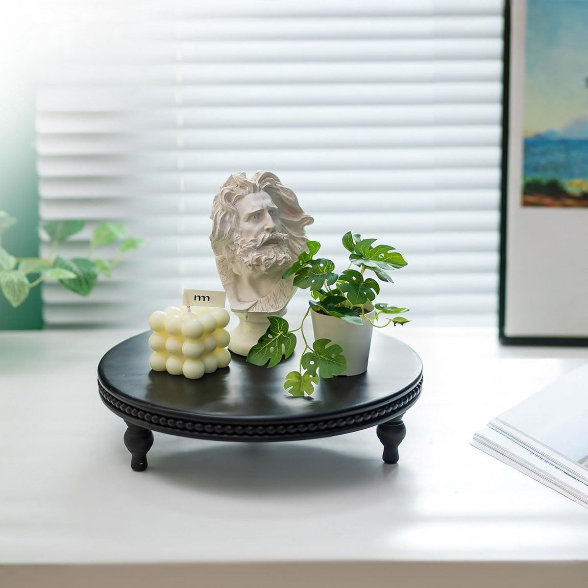 PromoHome Decoratieve Ronde Lade – Zwarte Kralen Houten Tray Ø30cm – Moderne Display voor Salontafel, Keuken of Badkamer