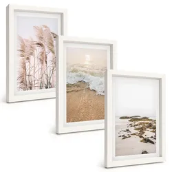 BILDER SET 3er Set - 20x30 cm Weißer Rahmen - Strandgras, Wellen, Steine, Boho-Stil