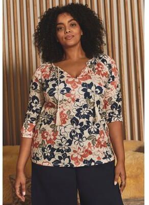 Plus Size Women's Knit Gauze Peasant Tunic by Avenue in Ivory Graphic Floral (Size 14)