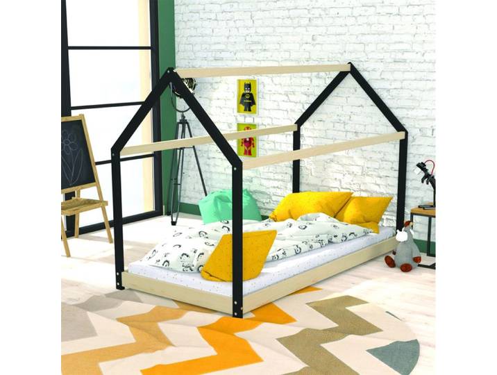 Lit cabane 90x190 WEBER INDUSTRIES Panda - Sommier inclus - Noir