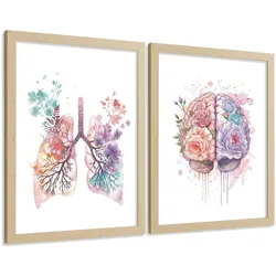 POSTER Set aus 2 Anatomie Mensch Drucke und mit Lungen Luftröhre Bronchien und Gehirn Pastellfarbenes Florales Aquarell Größe Leichter Holzrahmen A3