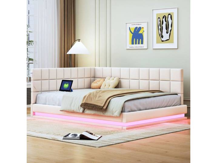Lit gigogne - SOGEU - 140x200 - Velours capitonné - LED multicolore - Port USB