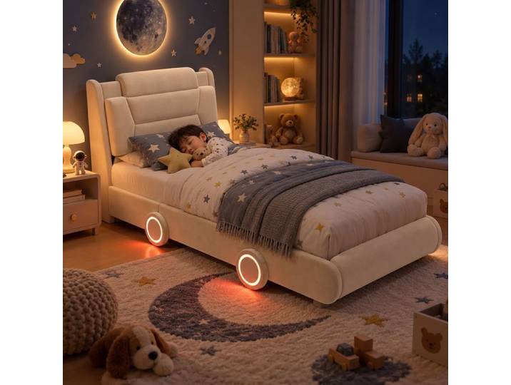 Lit simple - SOGEU - 90x200 - Tête de lit réglable 2 hauteurs - Tête rembourrée en flanelle - Roues décoratives LED