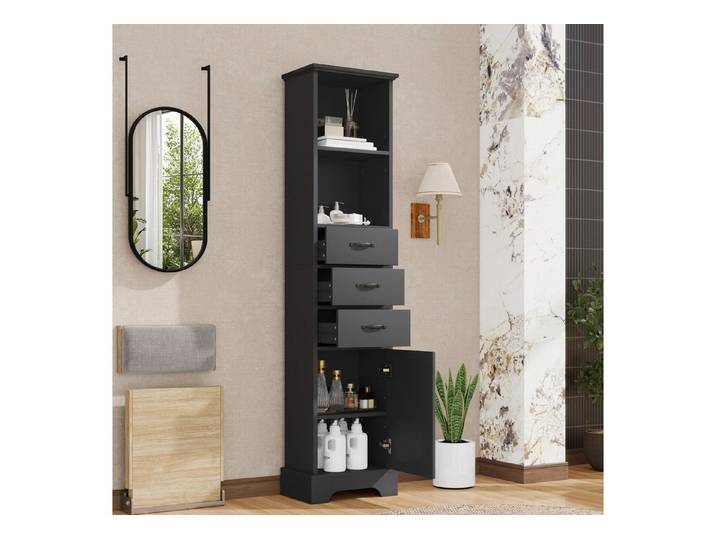 HAUSS SPOLE Badkommode mit Schubladen & Regalböden,Badezimmerschrank Hochschrank,Schwarz (Beistellschrank Highboard mit Mehrzonen-Stauraum mit offenen und geschlossenen Bereichen), Verstellbare Einlegeböden für flexible Organisation