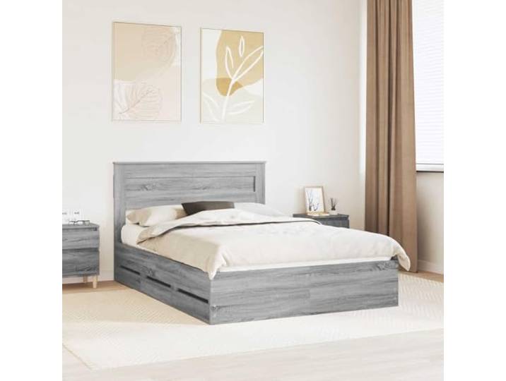 RJPLMFV Bettgestell, Grau, Sonoma, 150 x 200 cm, Holz, Technik Mit Schubladen, Lattenrost, modernes Design, einfache Montage