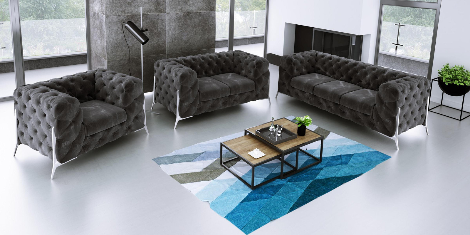 Designer Chesterfield Sofagarnituur met 3 zitplaatsen in fluweel