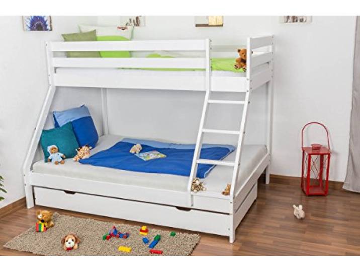 Etagenbett/Spielbett Lukas Buche massiv weiß lackiert mit schräger Leiter, inkl. Rollrost