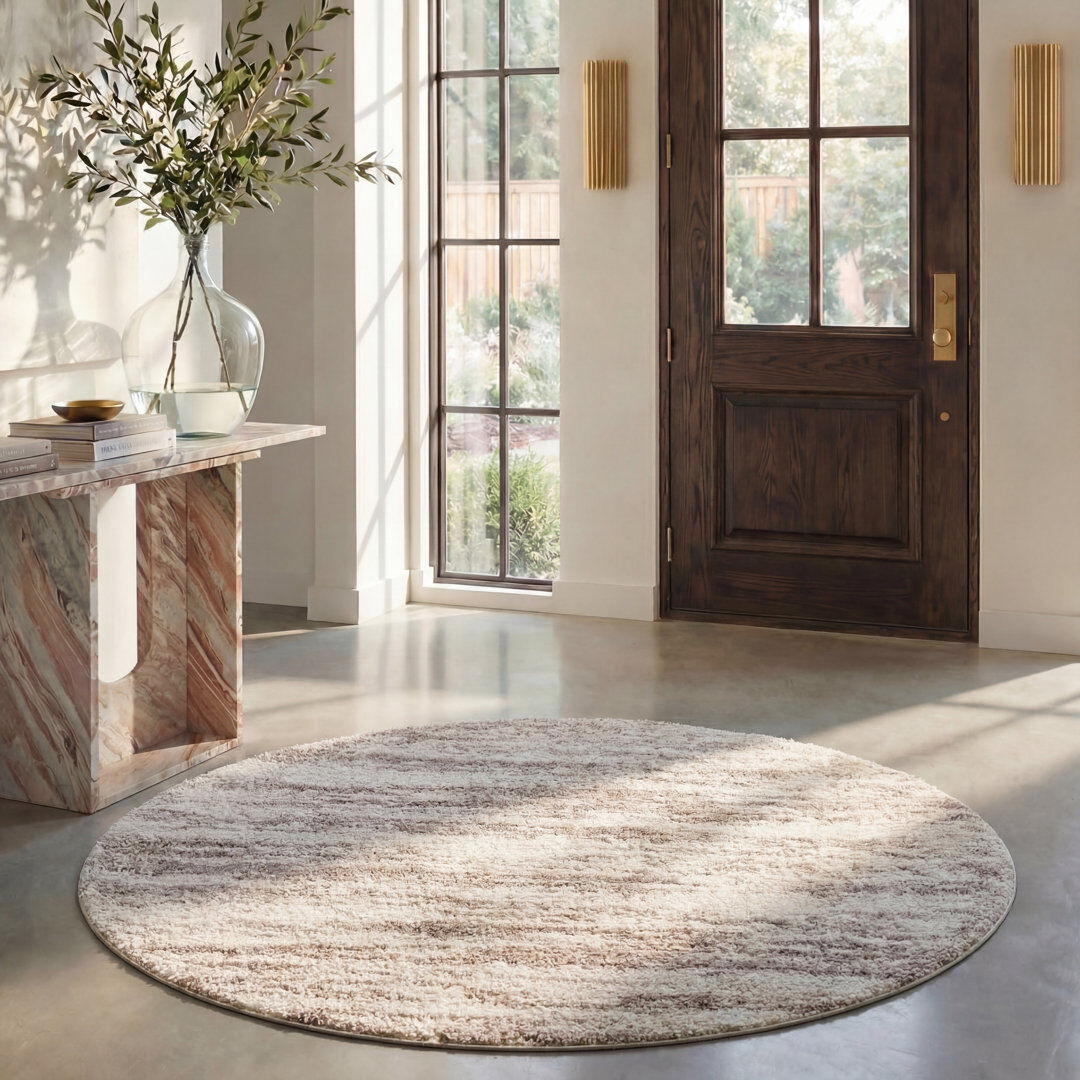 Borough Wharf Hudson Shag Striped Area Rug In Ivory / Beige Ivory / Beige Round 213 cm