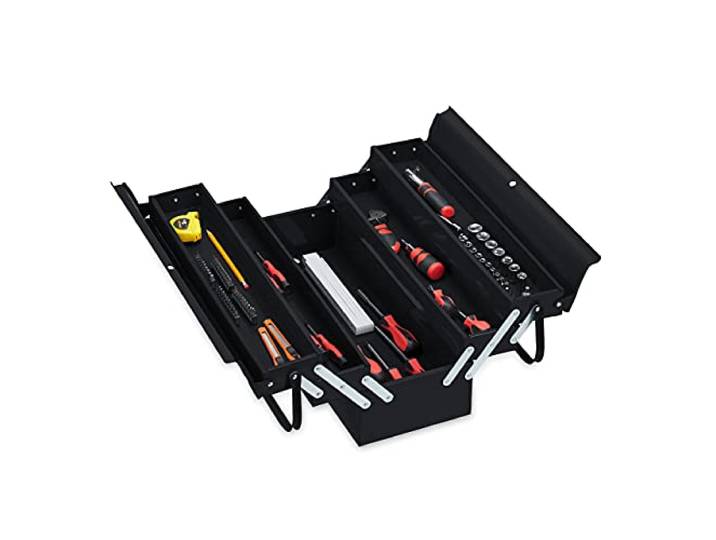 Relaxdays Boîte à outils vide\, 5 compartiments; avec poignée\, métal\, verrouillable\, caisse\, HlP 21 x 53 x 20 cm\, noire