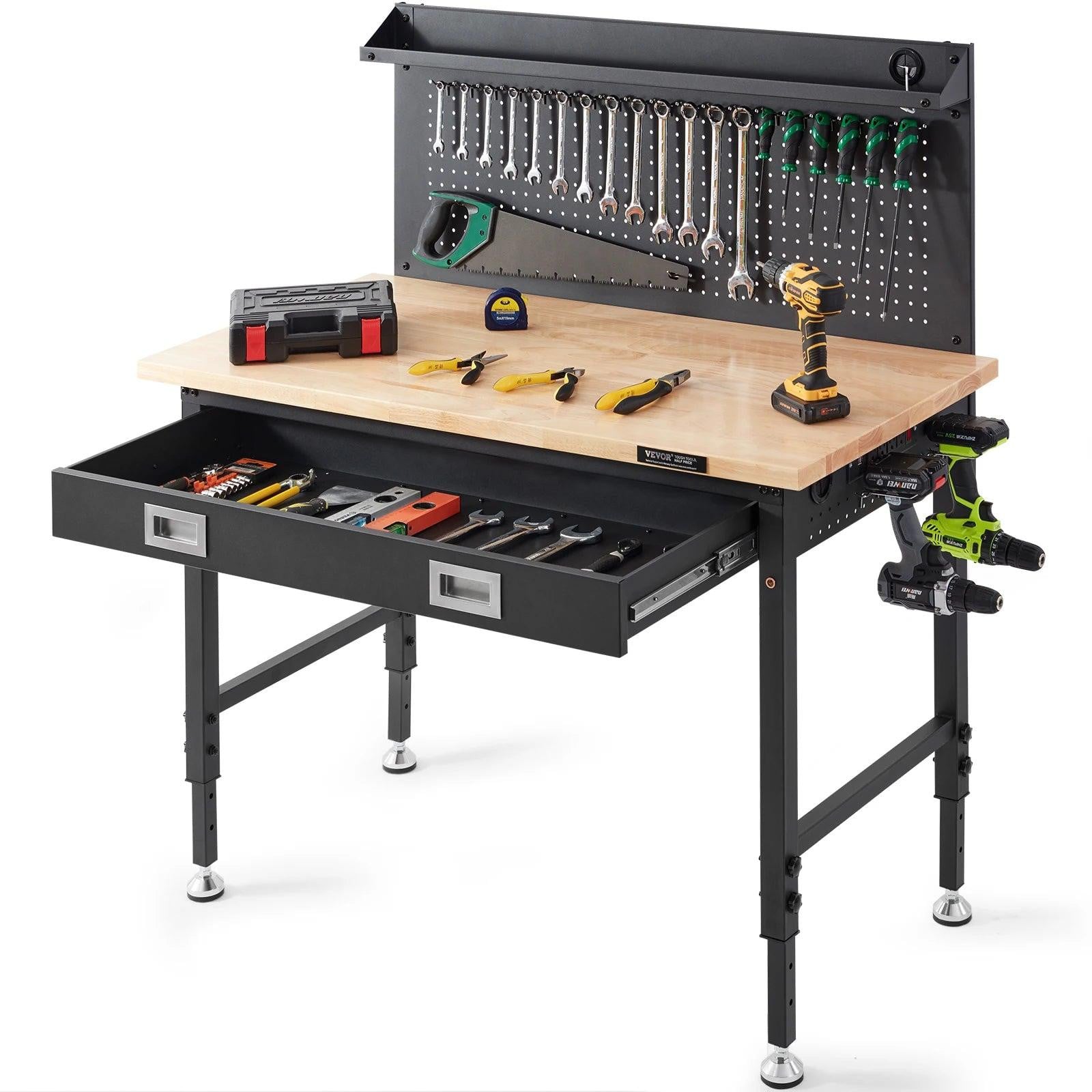 Selius Verstelbare Werkbank - Industriële Garage Werktafel van Massief Hout met Verlichting