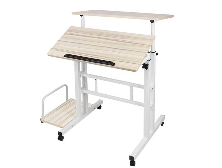 Bureau D'ordinateur Mobile Réglable En Hauteur 67-117 Cm - ERROLVES - Couleur Érable Blanc - Avec Support Pour Ordinateur