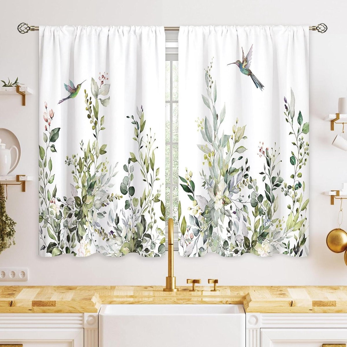 Keukengordijnen Botanische Bladeren - 2 Panelen - Mintgroen - 55 x 99 cm