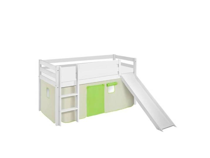 Lit surélevé ludique JELLE vert beige - avec rideaux et toboggan - LILOKIDS - blanc laqué