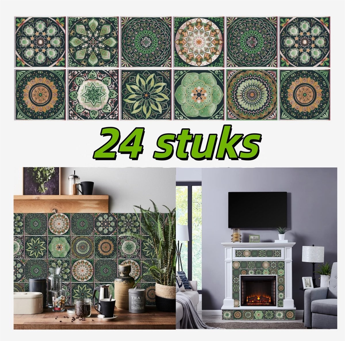 24 stuks Zelfklevende PVC Tegelstickers Mozaïekstijl Marokkaanse Stijl Groen B/D: 15 x 15 cm