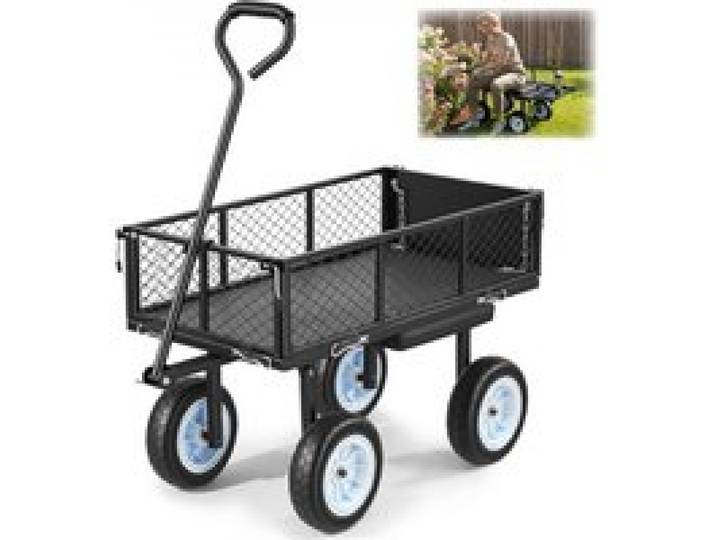 VEVOR Chariot de Jardin en Acier avec Siège Max. 226,8 kg Chariot de Transport de Jardin pour Terre Bois, avec Côtés Amovibles, Tablette Latérale, Pneus PU Increvables 25,4 cm, Poignée Réglable, Noir