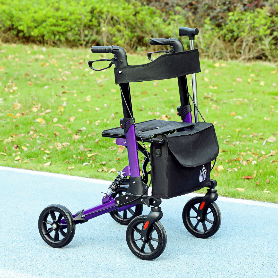 HOMCOM Folding Rollator Walker with Seat Backrest Bag 4 Wheels Purple 94.5cm H