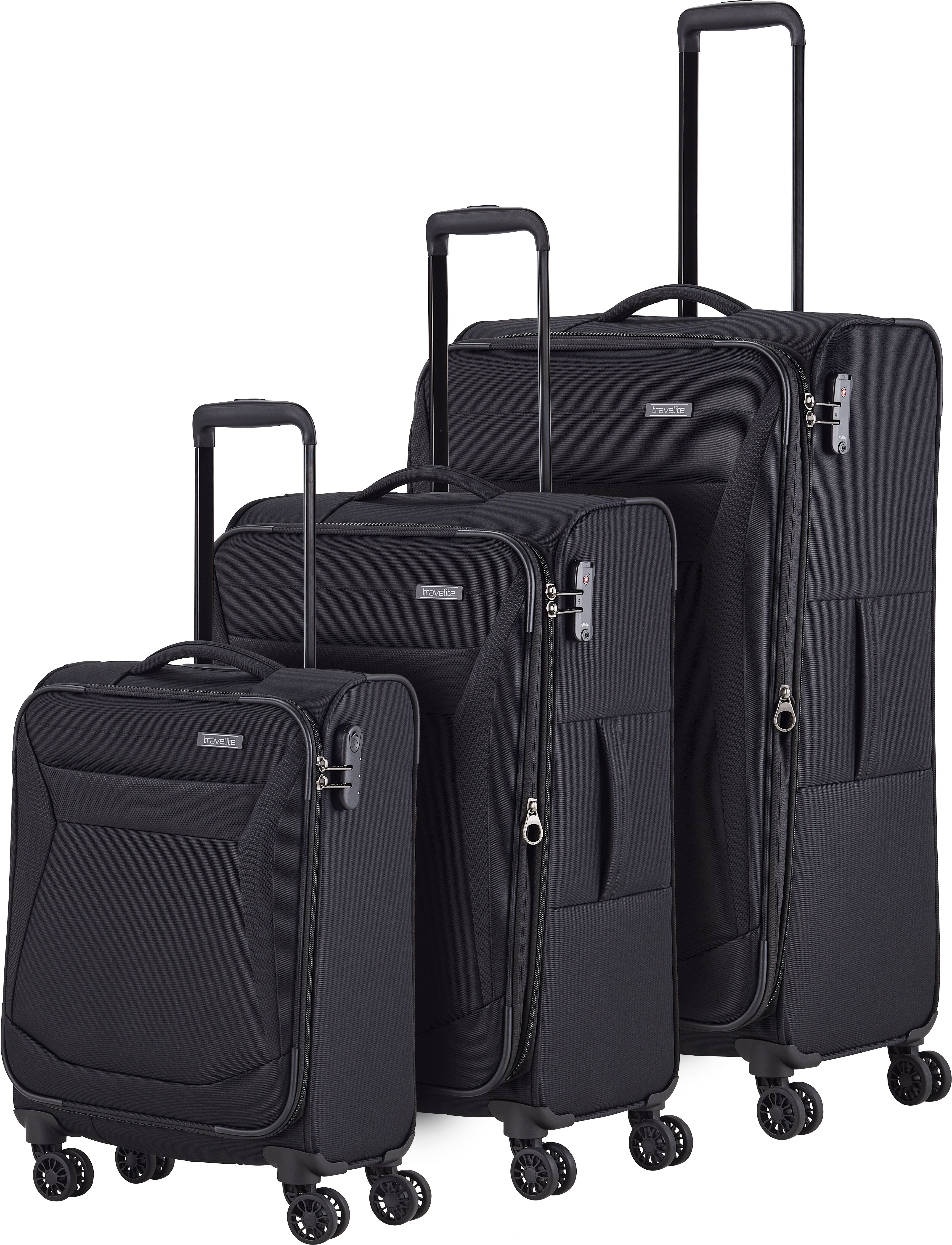 Trolleyset TRAVELITE "CHIOS 3-teilig Weichgepäck", Damen, schwarz, Polyester, unifarben, Koffer-Sets Trolleyset, erweiterbares Volumen – flexibles Reisegepäck