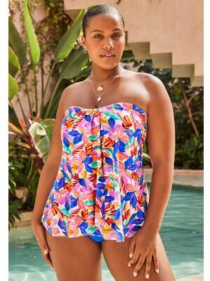 Flyaway Bandeau Tankini Top by Swimsuits For All in White Tropical Oasis (Size 14)