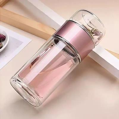 Uplift Essentials 420ml Tea Water Bottle High Borosilicate Glass Double Layer Tea Cup Infuser Tumbler With Tea Filter pink