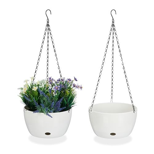 Relaxdays set van 2 moderne hangpotten met opvangbakjes, wit, H x Ø: 60 x 24 cm