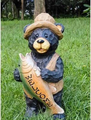 Hi-Line Gift Standing Bear with Fish Welcome Sign