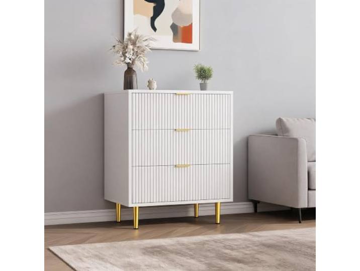 LuxFocus 3 Schubladen Kommode Wellenfront Warmweiß Moderne Aufbewahrungskommode mit goldenen Griffen für Schlafzimmer, Wohnzimmer, Flur und platzsparende Wohnbereiche