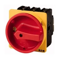 Eaton 067351 Hauptschalter, P3, 63 A, Einbau, 3-polig + N, 1 Schließer, 1 Öffner, NOT-AUS-Funktion, mit rotem Drehgriff und gelbem Sperrkranz