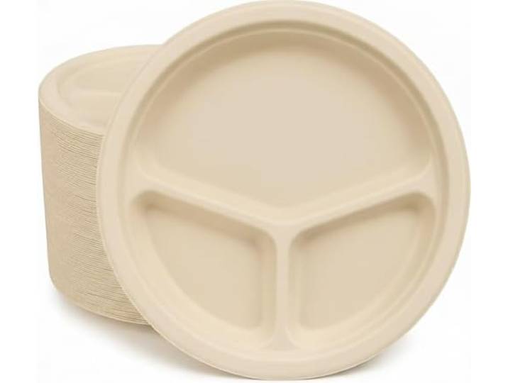HAAGO 450 Extra Stabile Kompostierbare Zuckerrohr Einwegteller 3-geteilt, 26 cm / 10 Zoll – Menüteller, Pappteller mit Fächern – Fett- & Auslaufsicher – Biologisch Abbaubare Partyteller für Partys
