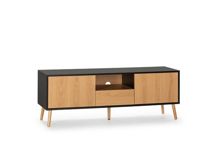 VS Venta-stock Tv-Element Apolo 2 Schubladen, Schwarz/Holzfarbe, Rechteckig, 136x49x40 cm, Wohnzimmer, TV Möbel, Lowboards, Lowboards stehend