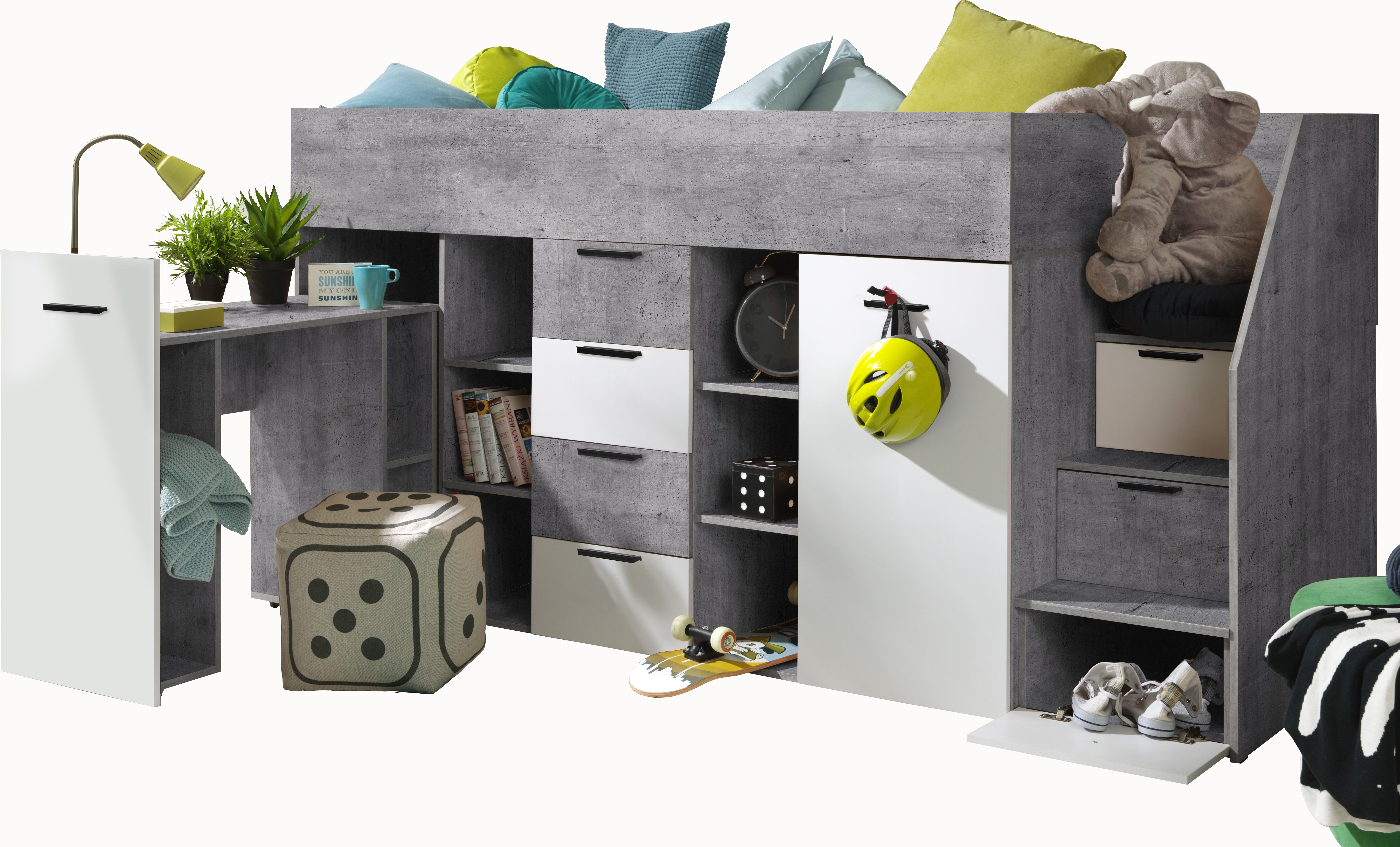 Etagenbett für Kinder KONKRET 3 Stockbett mit Treppe, Kleiderschrank und Schreibtisch (Beton + Weiß, Seite: Rechts)