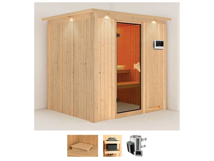 Sauna KARIBU Dima , beige (naturbelassen), Saunaofen, externe Steuerung, 3,6 kW, Saunen, Sauna, Ofen 3,6 kW externe Strg.easy