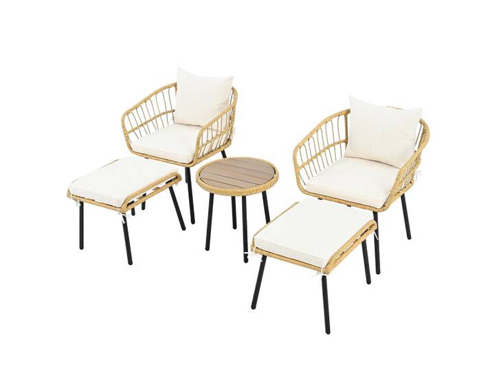 Flieks Gartenmöbelset 5tlg Rattan Tisch Stühle Hocker Natur, Mehrfarbig, Gartenmöbel, Gartengarnituren, Gartenmöbel-Sets
